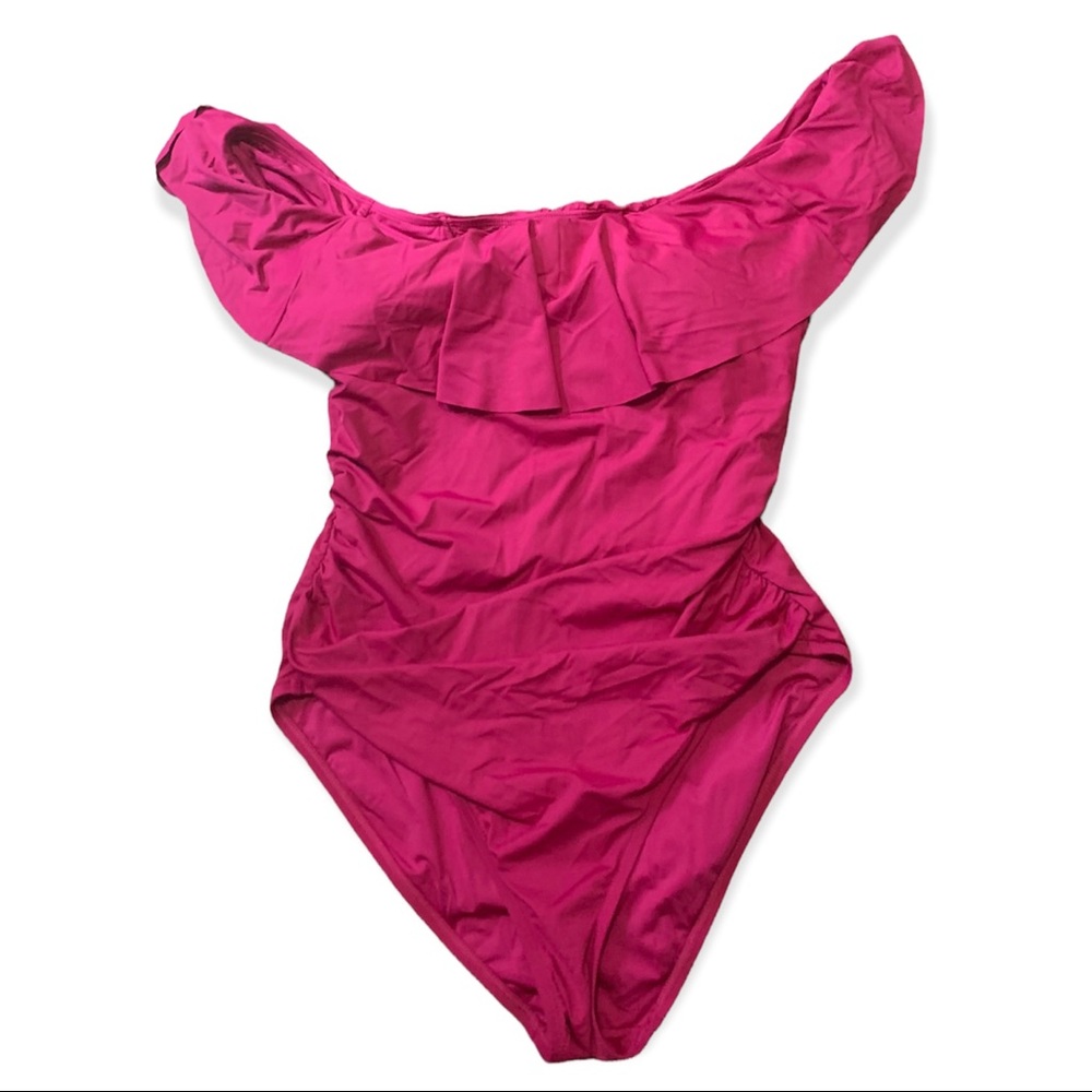 La Blanca Dark Pink Off-Shoulder Ruffle Lace-Up Swimsuit Size 14